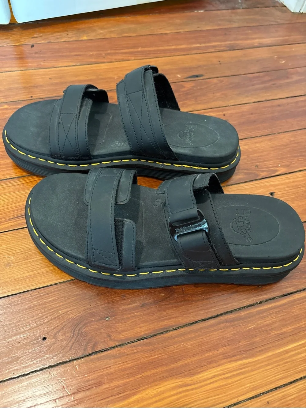 Dr. Martens Black Slide Sandals with Yellow Stitching—new